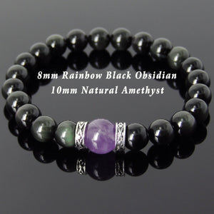 Rainbow Black Obsidian & Amethyst Healing Gemstone Bracelet with S925 Sterling Silver Seamless Spacer Beads - Handmade by Gem & Silver BR310