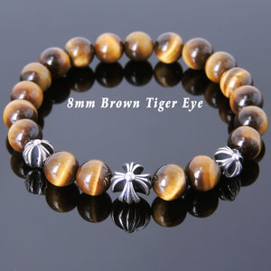 8mm Brown Tiger Eye Healing Gemstone Bracelet with S925 Sterling Silver Holy Trinity Cross Beads - Handmade by Gem & Silver BR738
