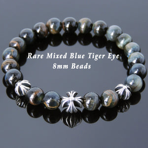 8mm Rare Mixed Blue Tiger Eye Healing Gemstone Bracelet with S925 Sterling Silver Holy Trinity Cross Beads - Handmade by Gem & Silver BR740