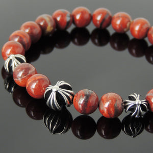 8mm Red Jasper Healing Stone Bracelet with S925 Sterling Silver Holy Trinity Cross Beads - Handmade by Gem & Silver BR743