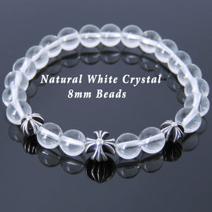 8mm White Crystal Quartz Healing Gemstone Bracelet with S925 Sterling Silver Holy Trinity Cross Beads - Handmade by Gem & Silver BR745