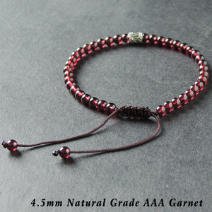 4.5mm Grade AAA Garnet Adjustable Braided Bracelet with S925 Sterling Silver Artisan Barrel Bead - Handmade by Gem & Silver BR889