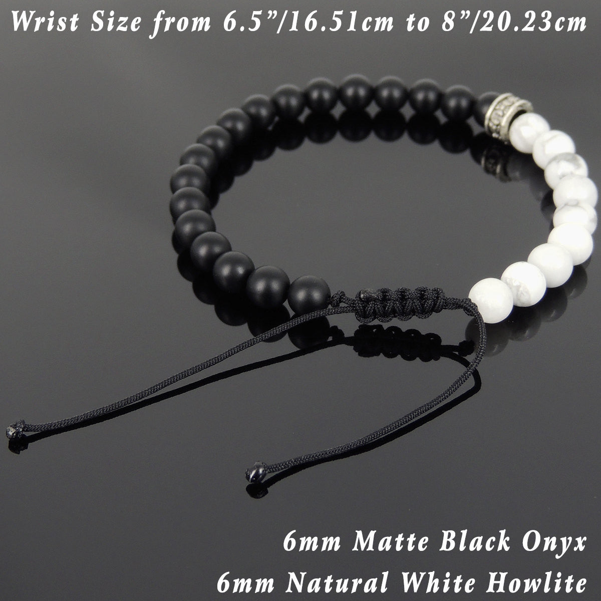6mm Matte Black Onyx & White Howlite Adjustable Braided Gemstone Bracelet with Genuine S925 Sterling Silver Cross Spacer Bead- Handmade by Gem & Silver BR893