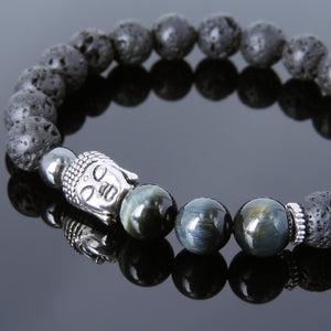 Brown Blue Tiger Eye, Lava Rock & Hematite Healing Gemstone Bracelet with Tibetan Silver Sakyamuni Buddha & Spacers - Handmade by Gem & Silver TSB204