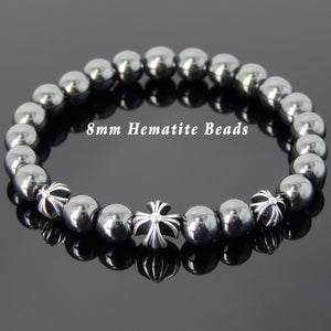 8mm Hematite Healing Gemstone Bracelet with S925 Sterling Silver Holy Trinity Cross Beads - Handmade by Gem & Silver BR747