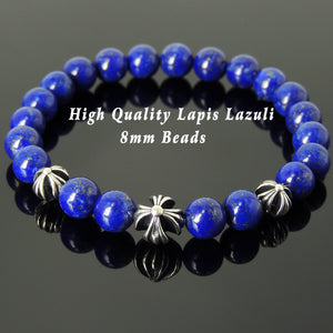 8mm High Grade Lapis Lazuli Healing Gemstone Bracelet with S925 Sterling Silver Holy Trinity Cross Beads - Handmade by Gem & Silver BR750