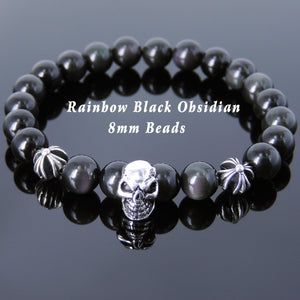 8mm Rainbow Black Obsidian Healing Gemstone Bracelet with S925 Sterling Silver Protective Skull & Cross Beads- Handmade by Gem & Silver BR751