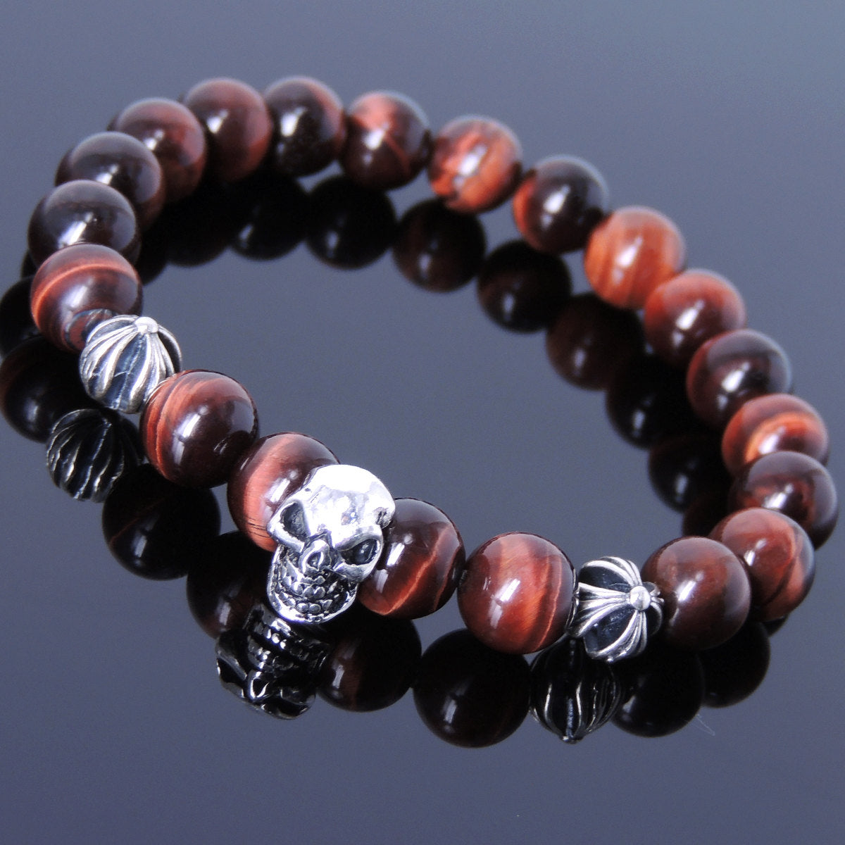 8mm Red Tiger Eye Healing Gemstone Bracelet with S925 Sterling Silver Protective Skull & Cross Beads- Handmade by Gem & Silver BR753