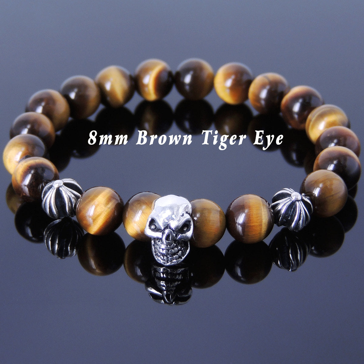 8mm Brown Tiger Eye Healing Gemstone Bracelet with S925 Sterling Silver Protective Skull & Cross Beads- Handmade by Gem & Silver BR752