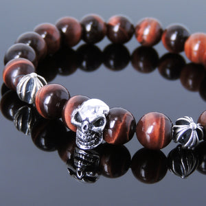 8mm Red Tiger Eye Healing Gemstone Bracelet with S925 Sterling Silver Protective Skull & Cross Beads- Handmade by Gem & Silver BR753