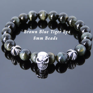 8mm Brown Blue Tiger Eye Healing Gemstone Bracelet with S925 Sterling Silver Protective Skull & Cross Beads- Handmade by Gem & Silver BR755