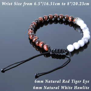 6mm Red Tiger Eye & White Howlite Adjustable Braided Gemstone Bracelet with Genuine S925 Sterling Silver Cross Spacer Bead- Handmade by Gem & Silver BR899