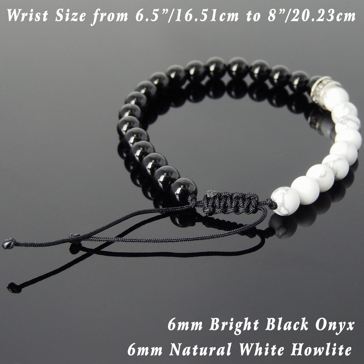 6mm Bright Black Onyx & White Howlite Adjustable Braided Gemstone Bracelet with Genuine S925 Sterling Silver Cross Spacer Bead- Handmade by Gem & Silver BR903