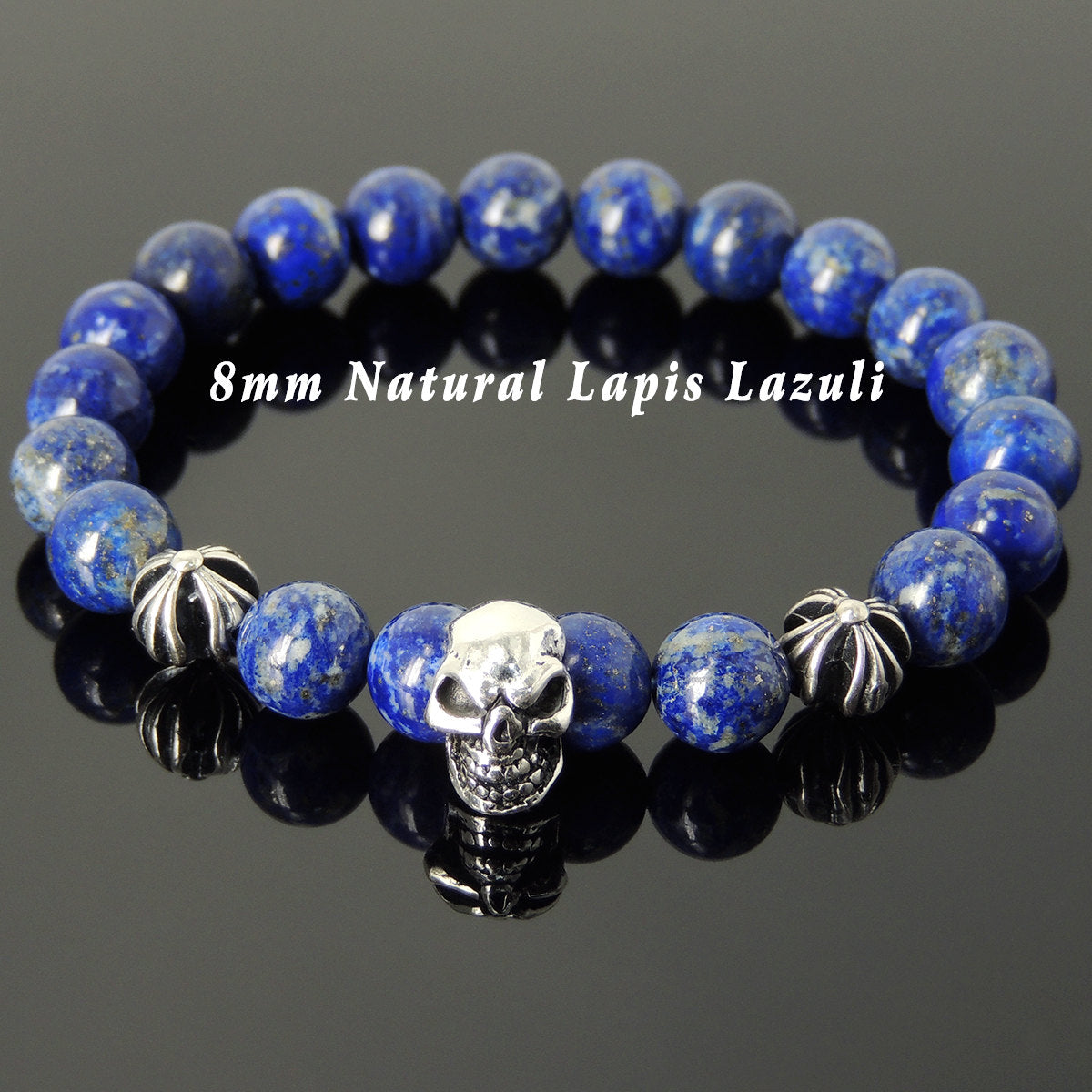 8mm Normal Grade Lapis Lazuli Healing Gemstone Bracelet with S925 Sterling Silver Protective Skull & Cross Beads- Handmade by Gem & Silver BR756