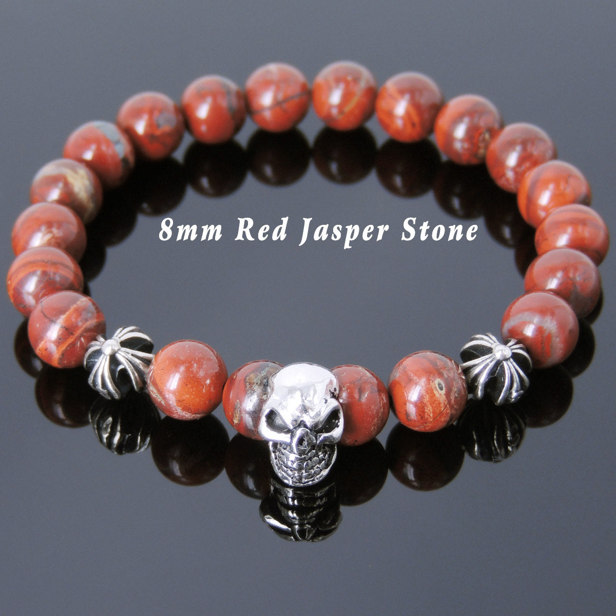 8mm Red Jasper Healing Stone Bracelet with S925 Sterling Silver Protective Skull & Cross Beads- Handmade by Gem & Silver BR757