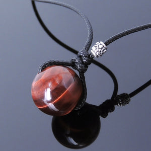 14mm Red Tiger Eye Adjustable Wax Rope Necklace with S925 Sterling Silver Barrel Bead - Handmade by Gem & Silver NK149