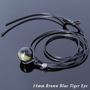 Brown Blue Tiger Eye Adjustable Wax Rope Necklace with S925 Sterling Silver Barrel Spacer Bead for Positive Healing Energy - Handmade by Gem & Silver NK151