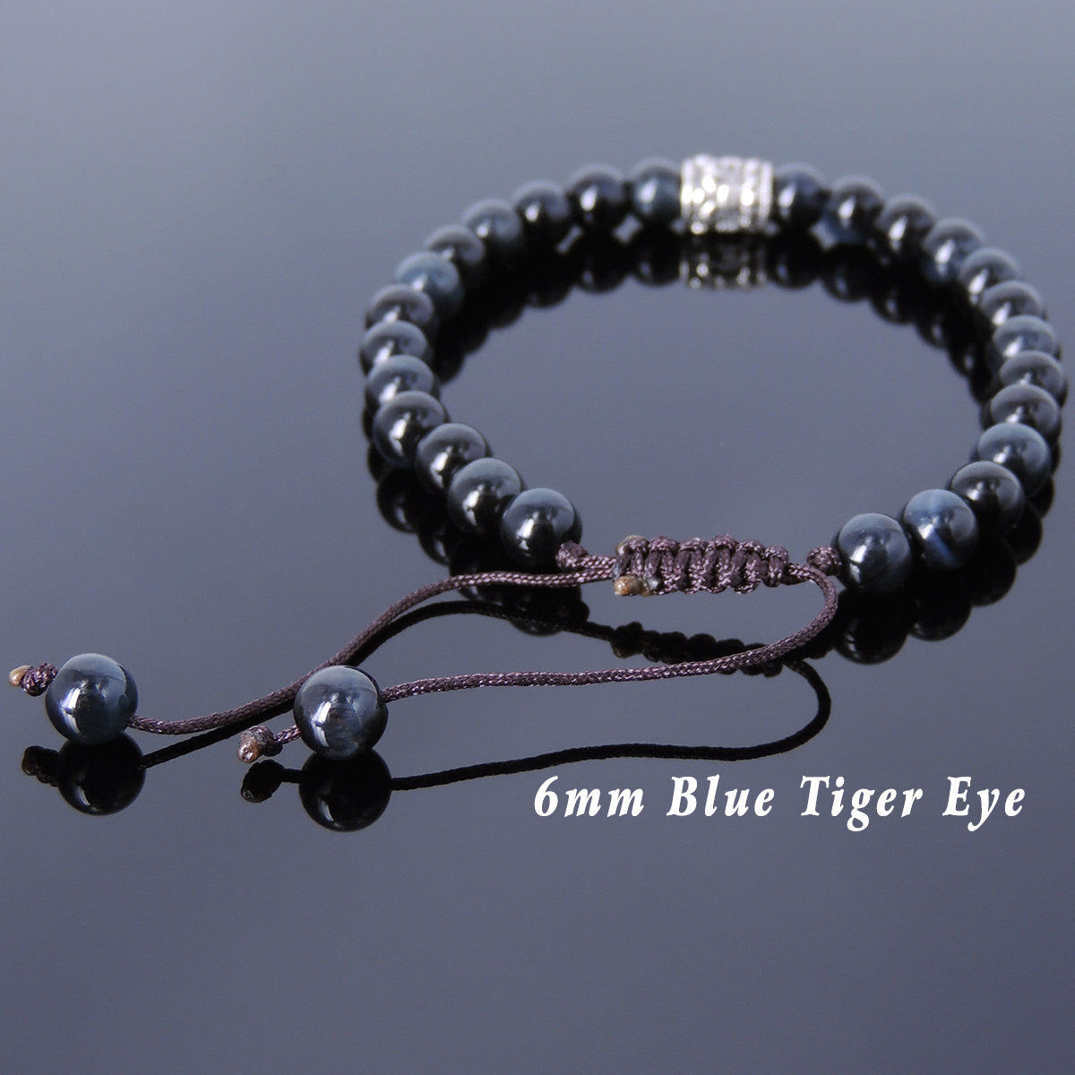 6mm Blue Tiger Eye Adjustable Braided Bracelet with S925 Sterling Silver Fleur de Lis Barrel Bead - Handmade by Gem & Silver BR777