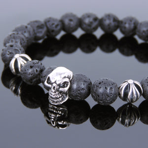 8mm Lava Rock Healing Stone Bracelet with S925 Sterling Silver Protective Skull & Cross Beads- Handmade by Gem & Silver BR768