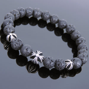 8mm Lava Rock Healing Stone Bracelet with S925 Sterling Silver Holy Trinity Cross Beads - Handmade by Gem & Silver BR767