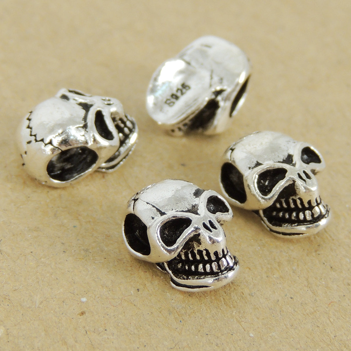 4 PCS Smiling Skull Beads - S925 Sterling Silver - Wholesale by Gem & Silver WSP431X4