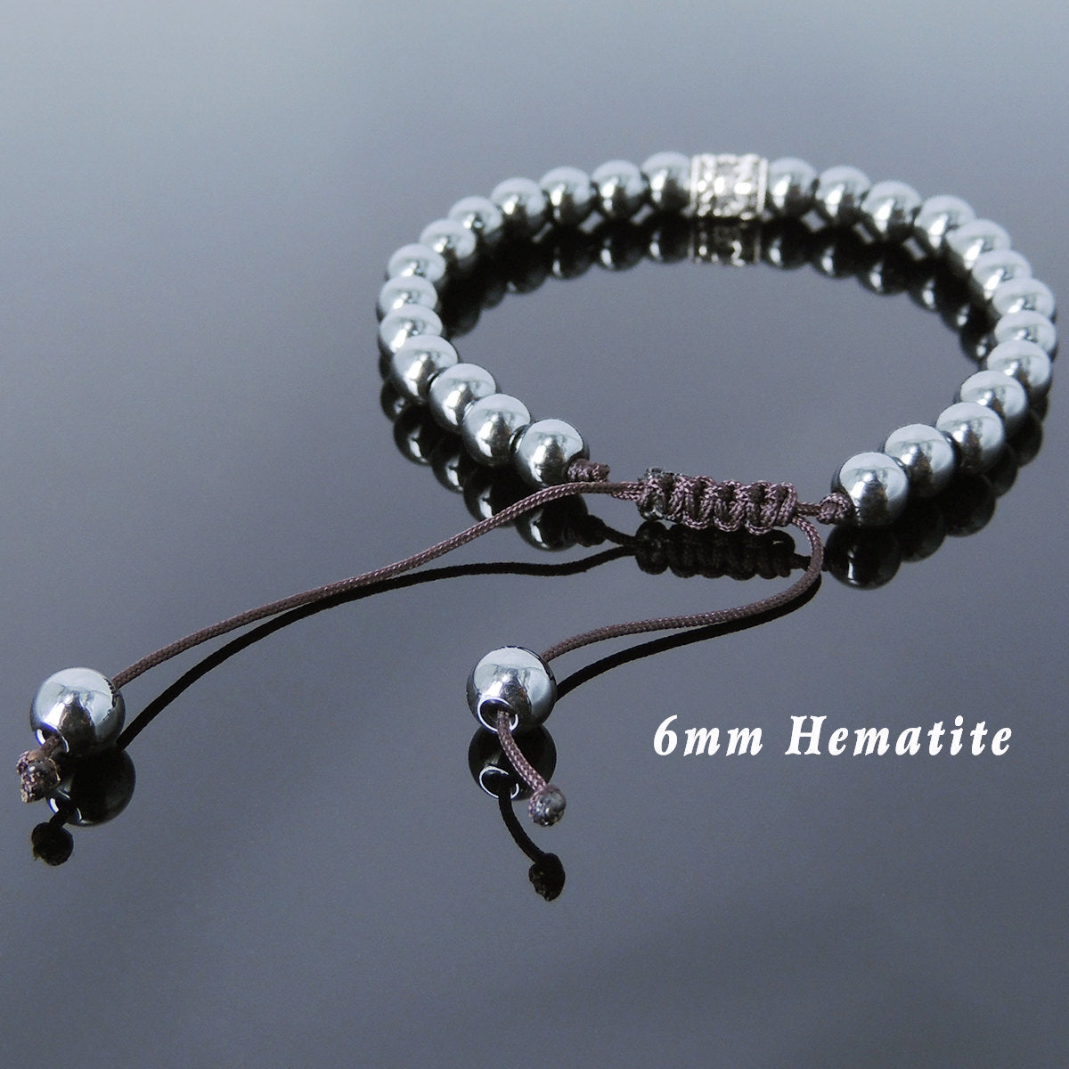 6mm Hematite Adjustable Braided Gemstone Bracelet with S925 Sterling Silver Fleur de Lis Barrel Bead - Handmade by Gem & Silver BR774