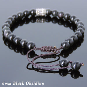 6mm Rainbow Black Obsidian Adjustable Braided Gemstone Bracelet with S925 Sterling Silver Fleur de Lis Barrel Bead - Handmade by Gem & Silver BR779
