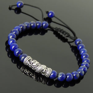 6mm Lapis Lazuli Adjustable Braided Gemstone Bracelet with S925 Sterling Silver Dragon Charm - Handmade by Gem & Silver BR785