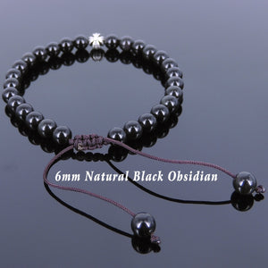 6mm Rainbow Black Obsidian Adjustable Braided Gemstone Bracelet with Tibetan Silver Cross Bead - Handmade by Gem & Silver TSB107