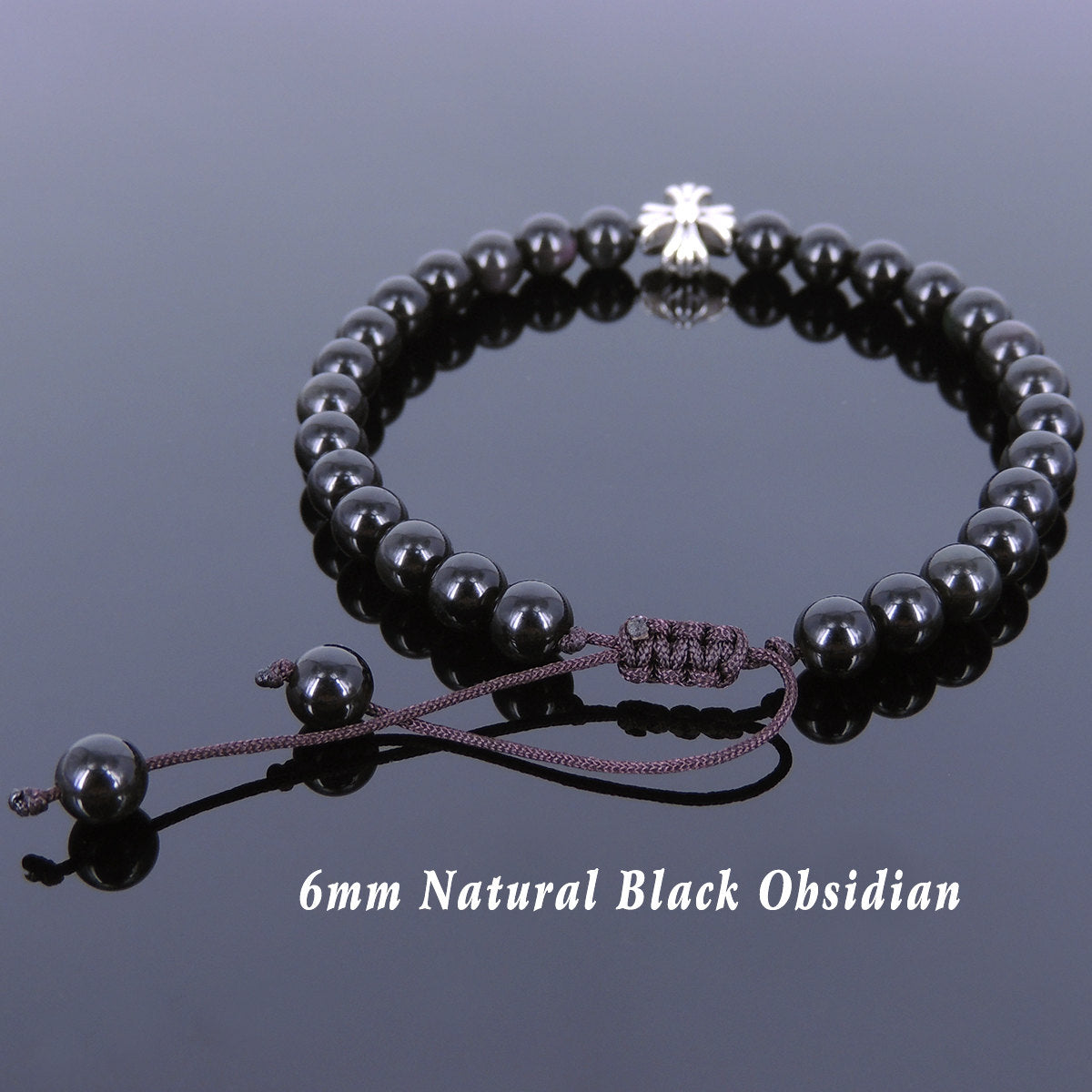 6mm Rainbow Black Obsidian Gemstone Adjustable Braided Bracelet with Tibetan Silver Cross Bead - Handmade by Gem & Silver TSB108