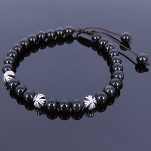 6mm Rainbow Black Obsidian Adjustable Braided Gemstone Bracelet with Tibetan Silver Holy Trinity Beads - Handmade by Gem & Silver TSB110