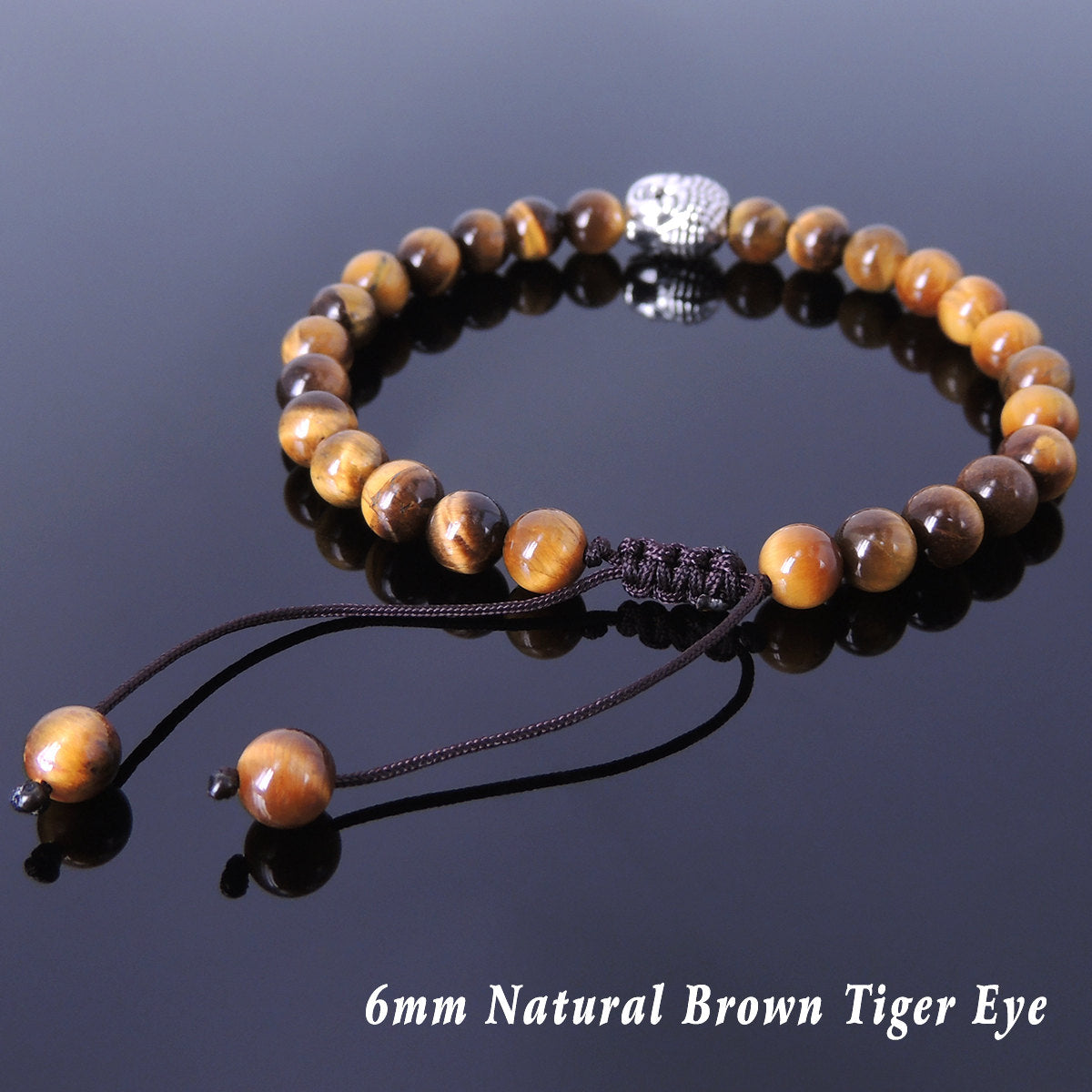 6mm Brown Tiger Eye Adjustable Braided Stone Bracelet with Tibetan Silver Sakyamuni Buddha Bead - Handmade by Gem & Silver TSB111