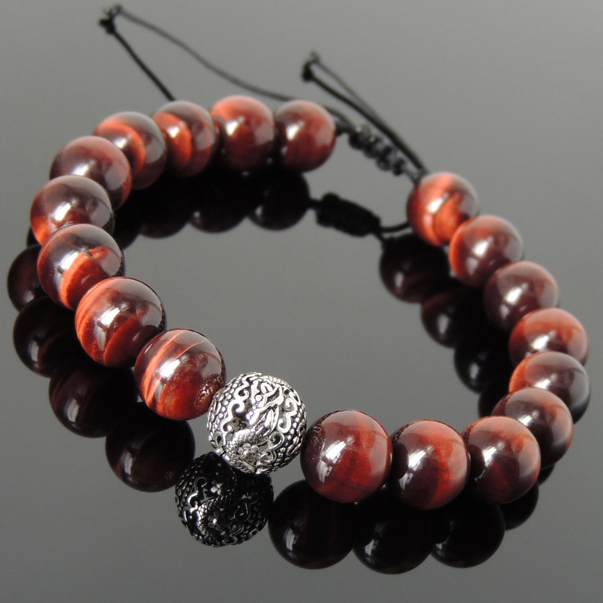Healing High Quality Red Tiger Eye Gemstones, Non-Plated Sterling Silver Elegantly Carved Dragon Bead, Handmade Braided Adjustable Drawstring Bracelet, Symbol of protection, courage, tranquility, strength, love, spirituality