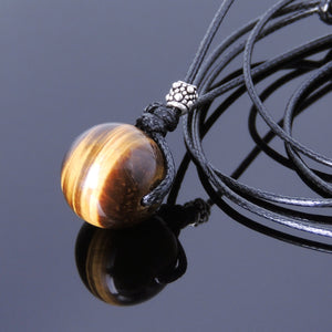 14mm Brown Tiger Eye Adjustable Wax Rope Necklace with S925 Sterling Silver Barrel Bead - Handmade by Gem & Silver NK052