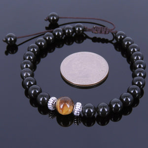 6mm Rainbow Black Obsidian & Brown Tiger Eye Adjustable Braided Bracelet with Tibetan Silver Artisan Beads - Handmade by Gem & Silver TSB115