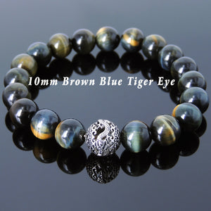 Brown Blue Tiger Eye Healing Gemstone Bracelet with S925 Sterling Silver Dragon Bead - Handmade by Gem & Silver BR928