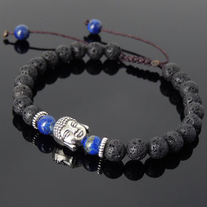 6mm Lava Rock & Lapis Lazuli Adjustable Braided Stone Bracelet with Tibetan Silver Spacers & Guanyin Buddha Bead - Handmade by Gem & Silver TSB213