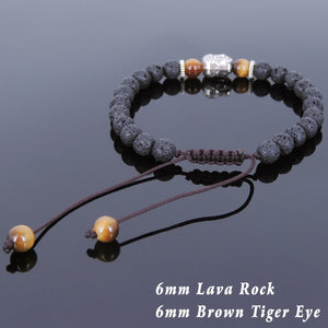 6mm Brown Tiger Eye & Lava Rock Adjustable Braided Stone Bracelet with Tibetan Silver Spacers & Guanyin Buddha Bead - Handmade by Gem & Silver TSB214