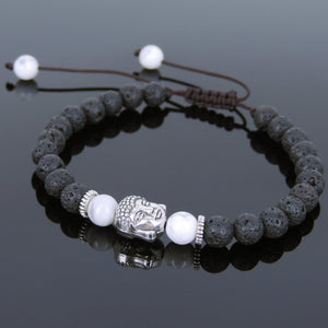 6mm White Howlite & Lava Rock Adjustable Braided Stone Bracelet with Tibetan Silver Spacers & Guanyin Buddha Bead - Handmade by Gem & Silver TSB217