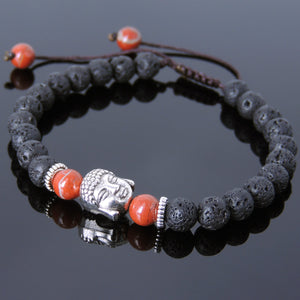 6mm Red Jasper & Lava Rock Adjustable Braided Stone Bracelet with Tibetan Silver Spacers & Guanyin Buddha Bead - Handmade by Gem & Silver TSB218