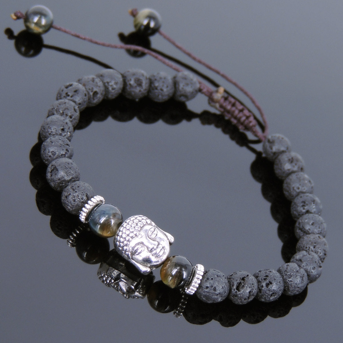 6mm Brown Blue Tiger Eye & Lava Rock Adjustable Braided Stone Bracelet with Tibetan Silver Spacers & Guanyin Buddha Bead - Handmade by Gem & Silver TSB220