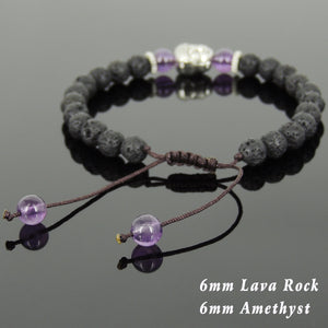 6mm Amethyst & Lava Rock Adjustable Braided Stone Bracelet with Tibetan Silver Spacers & Guanyin Buddha Bead - Handmade by Gem & Silver TSB221