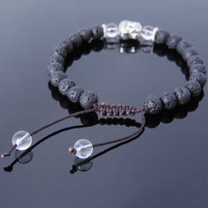 6mm White Crystal Quartz & Lava Rock Adjustable Braided Stone Bracelet with Tibetan Silver Spacers & Guanyin Buddha Bead - Handmade by Gem & Silver TSB222