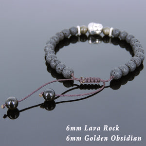 6mm Golden Obsidian & Lava Rock Adjustable Braided Stone Bracelet with Tibetan Silver Spacers & Guanyin Buddha Bead - Handmade by Gem & Silver TSB223