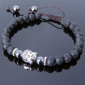 6mm Hematite & Lava Rock Adjustable Braided Stone Bracelet with Tibetan Silver Spacers & Guanyin Buddha Bead - Handmade by Gem & Silver TSB224
