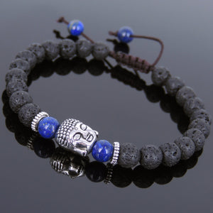 6mm Lapis Lazuli & Lava Rock Adjustable Braided Stone Bracelet with Tibetan Silver Spacers & Sakyamuni Buddha Bead - Handmade by Gem & Silver TSB226