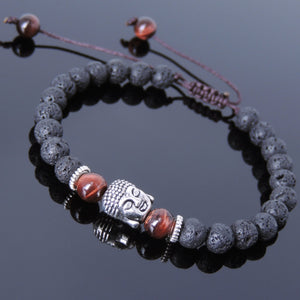 6mm Red Tiger Eye & Lava Rock Adjustable Braided Stone Bracelet with Tibetan Silver Spacers & Sakyamuni Buddha Bead - Handmade by Gem & Silver TSB228