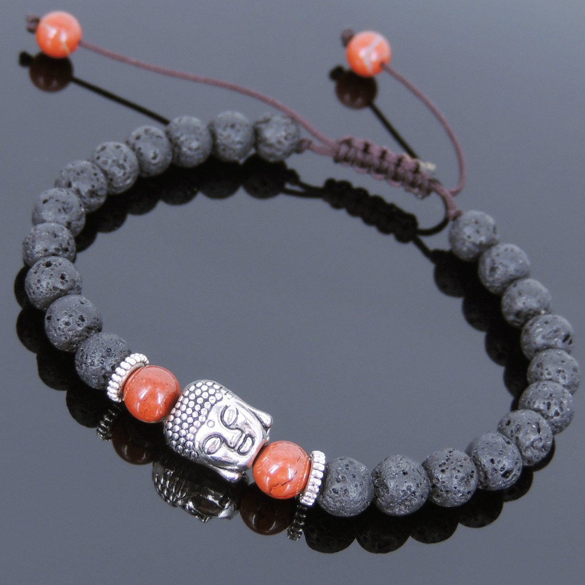 6mm Red Jasper & Lava Rock Adjustable Braided Stone Bracelet with Tibetan Silver Spacers & Sakyamuni Buddha Bead - Handmade by Gem & Silver TSB231