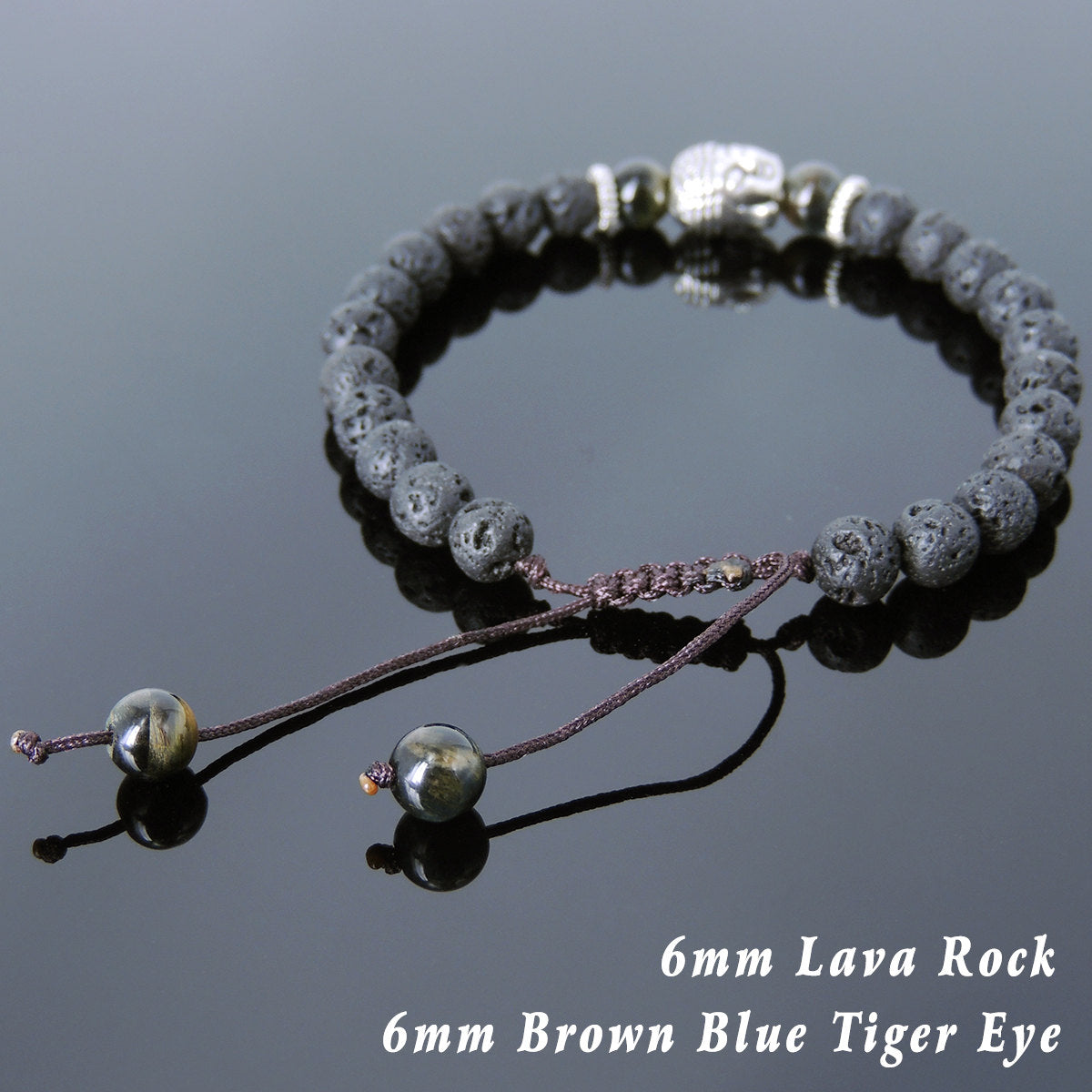 6mm Brown Blue Tiger Eye & Lava Rock Adjustable Braided Stone Bracelet with Tibetan Silver Spacers & Sakyamuni Buddha Bead - Handmade by Gem & Silver TSB233