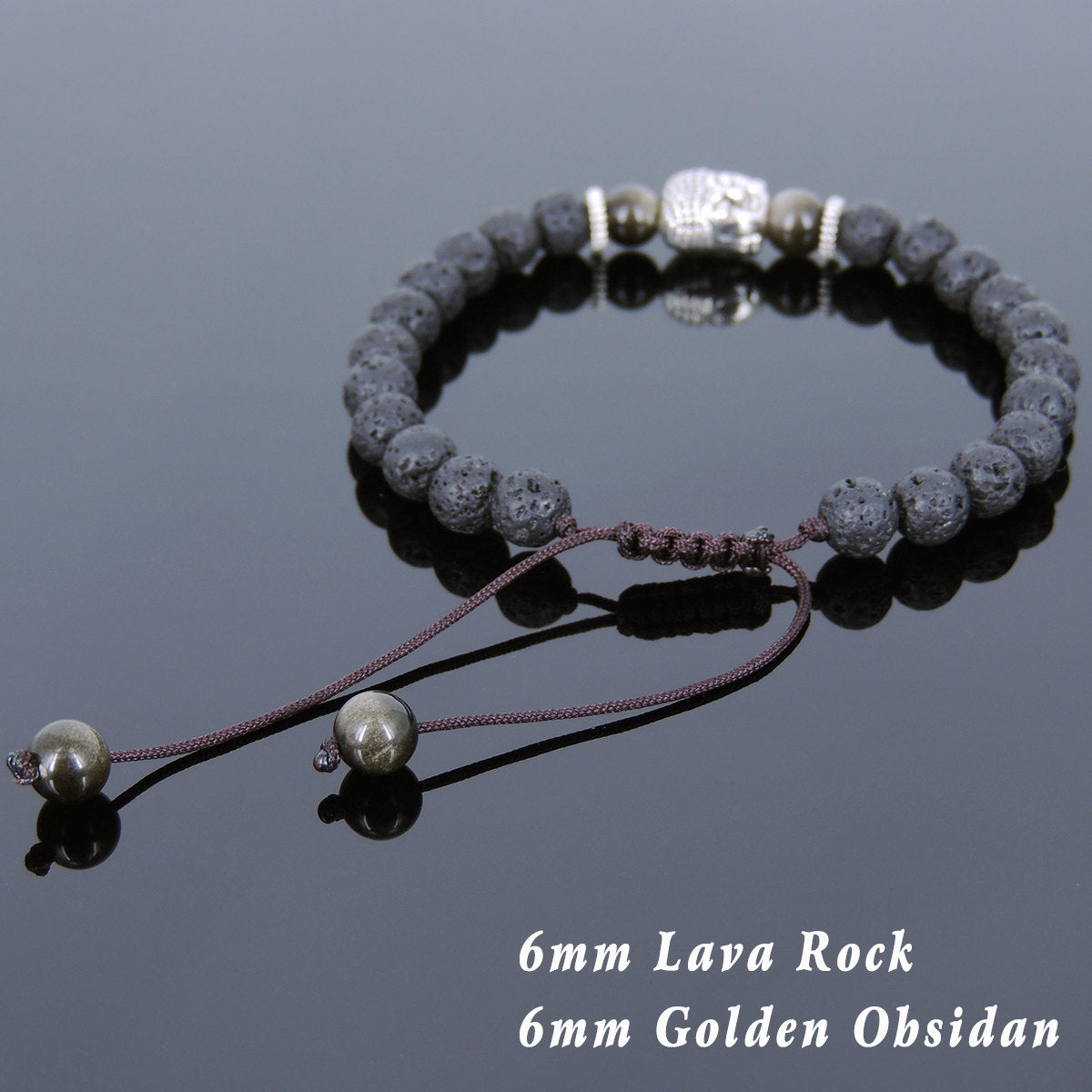 6mm Golden Obsidian & Lava Rock Adjustable Braided Stone Bracelet with Tibetan Silver Spacers & Sakyamuni Buddha Bead - Handmade by Gem & Silver TSB236